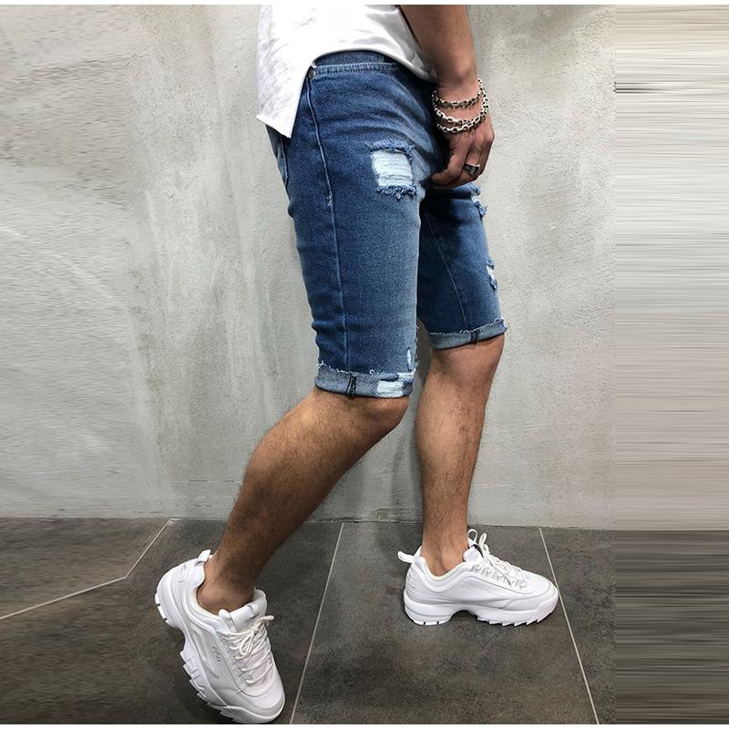 Pánské módní ležérní rovné díry rovné flocking denim krátké kalhoty ležérní slim fit denní nošení joggers mid waist jednobarevné džíny