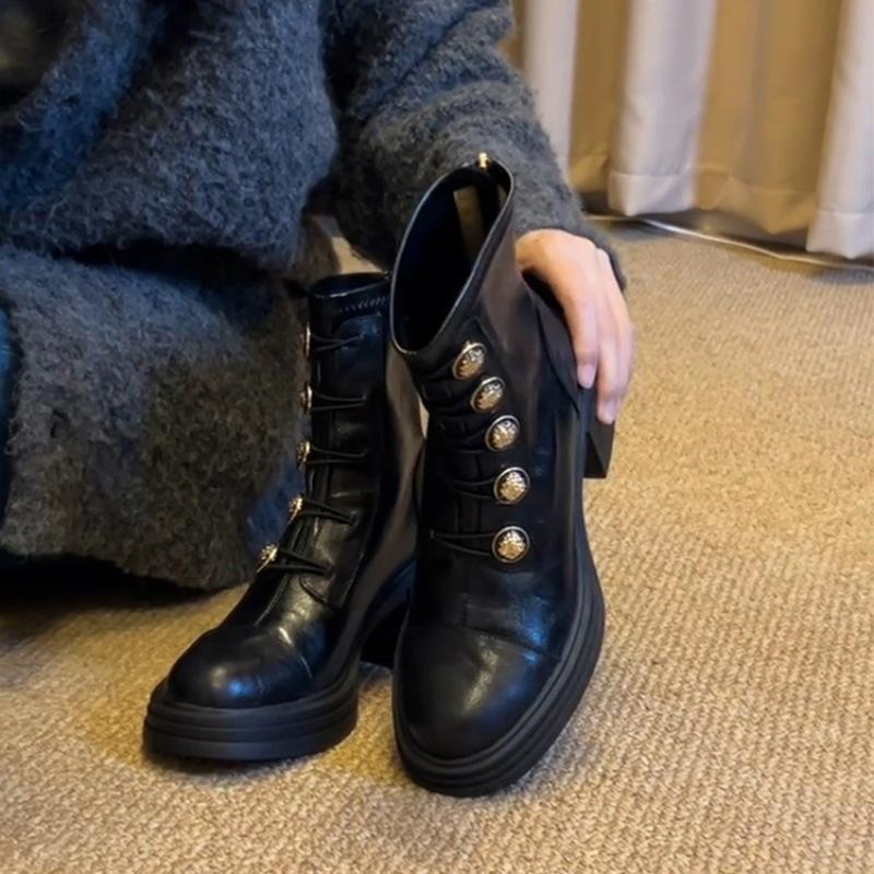 Cowhide version~ High-heeled versatile platform-soled Martin boots wobadge metal buckle leather rear zipper elastic thin boots tide.