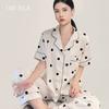 100% Pure Mulberry Silk Pajama Set Women Short Sleeve Lounge Wear With Polka Dot Print Lightweight Sleepwear