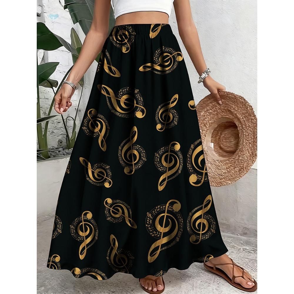 Plus Size - Elegant Floral Print Skirt - Casual A-Line, Non-Stretch Fabric, with Elastic Waistband