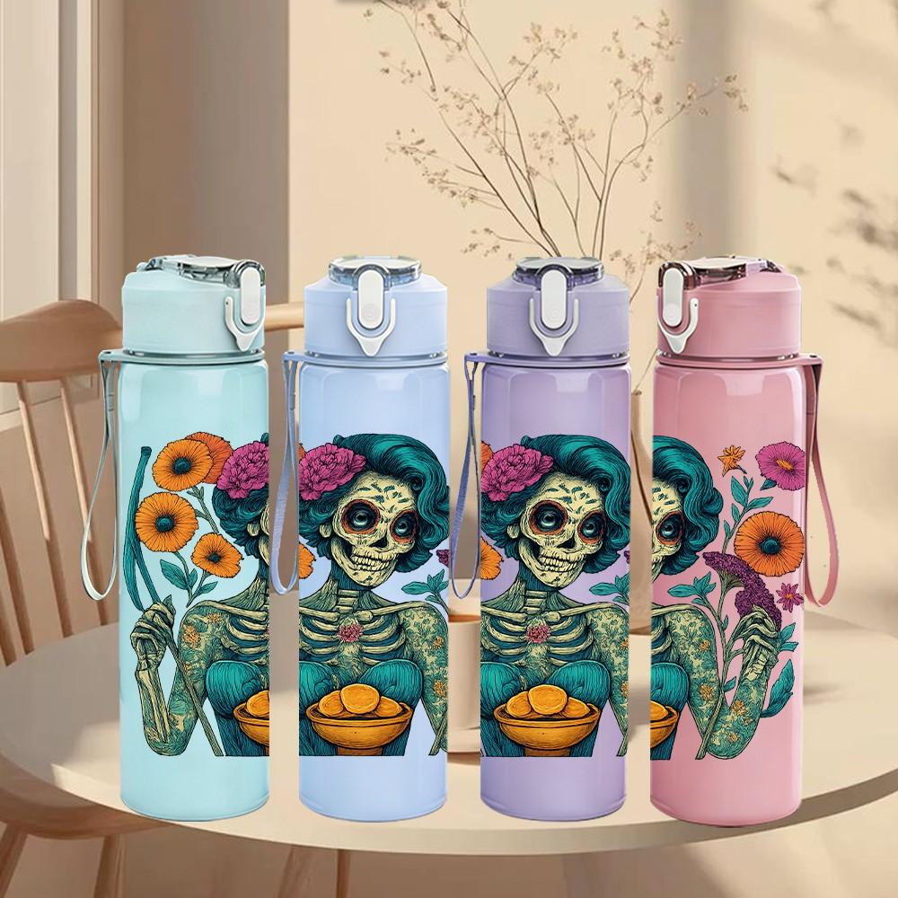 1PC Sugar Skull Colorful Art Print 750ml Color Plastic Sports Water Bottle Leakproof Flip Straw Lid Suitable for Sports Office Home Use