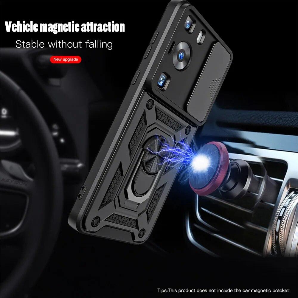 KEYSION Shockproof Armor Case for Huawei P60 Pro Slide Camera Lens Protection Ring Stand Phone Back Cover for Huawei P60 P60 Pro
