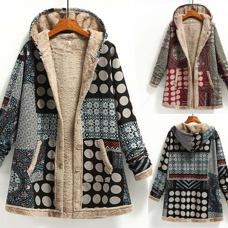 2024 Winter Coat Medium Length Cotton and Linen Printed Hooded Padded Jacket Loose Large Size Women's Dress with Cashmere Padded Coat Plush Coat