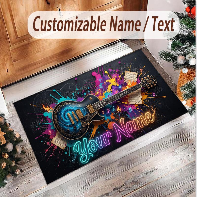 Music Guitar Theme Soft Crystal Velvet Rug Custom Name & Text Print Non Slip Floor Rug for Bedroom Living Room