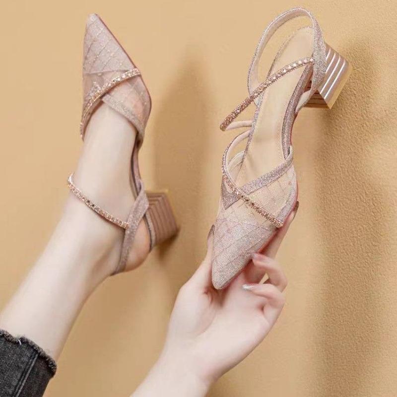 

Женские летние сетчатые туфли с камнями, французский острый носок, толстый каблук, сандалии с одним ремешком 40 золотой