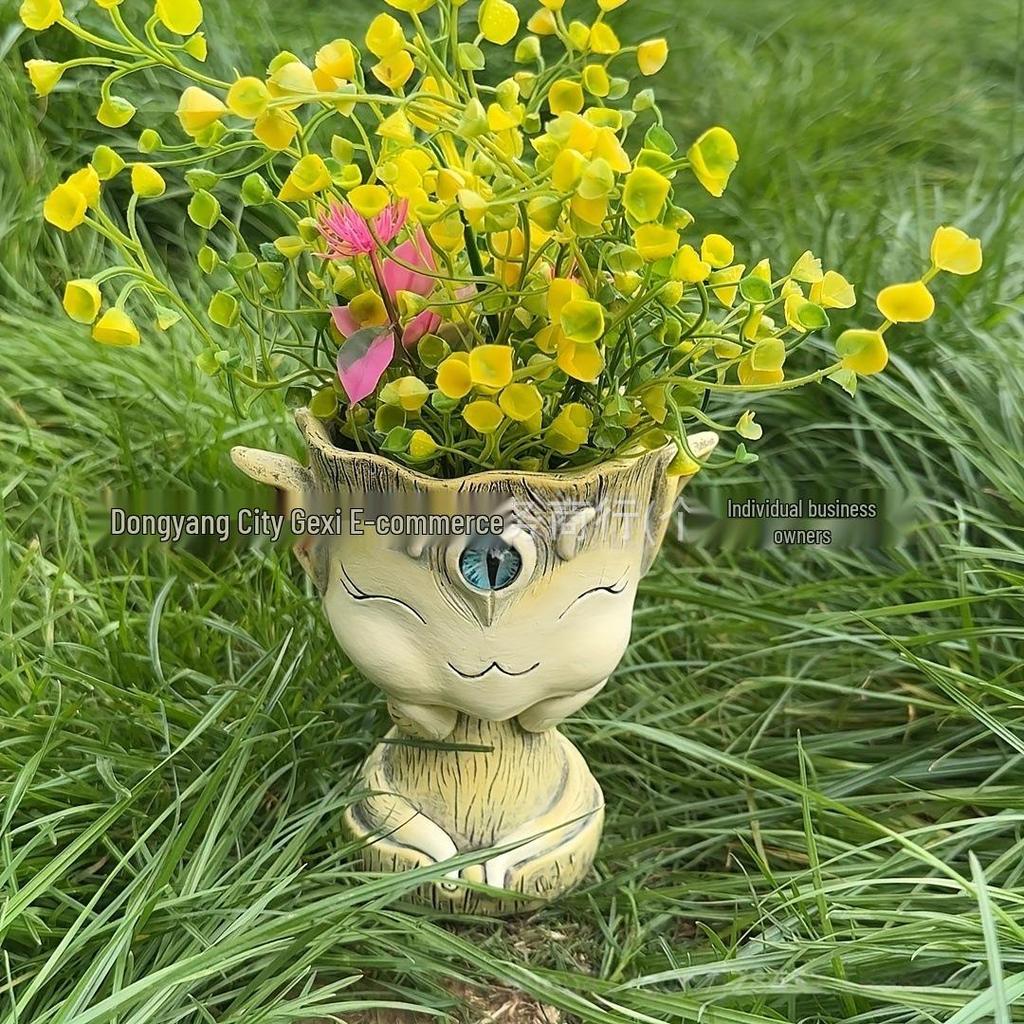 Bedårande sittande stor mage blomkruka skulptur för trädgård eller gräsmatta