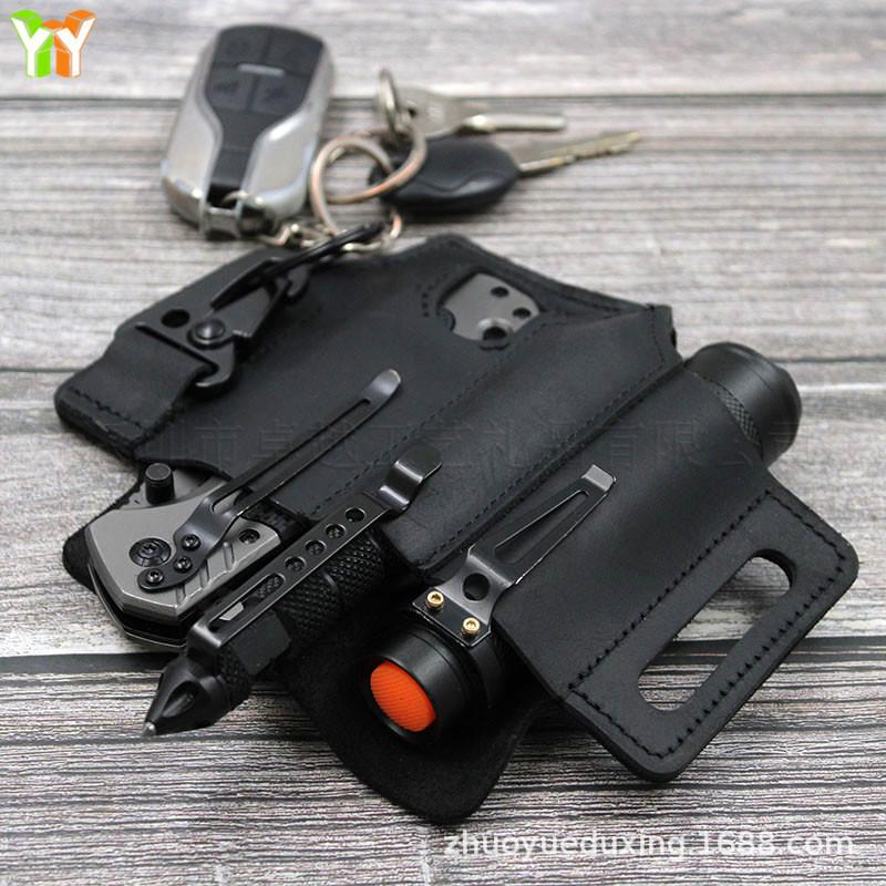 Multifunctional Outdoor Waist Bag with Flashlight & Knife Sheaths, Tool Clip, Leather Wilderness Storage Case.
