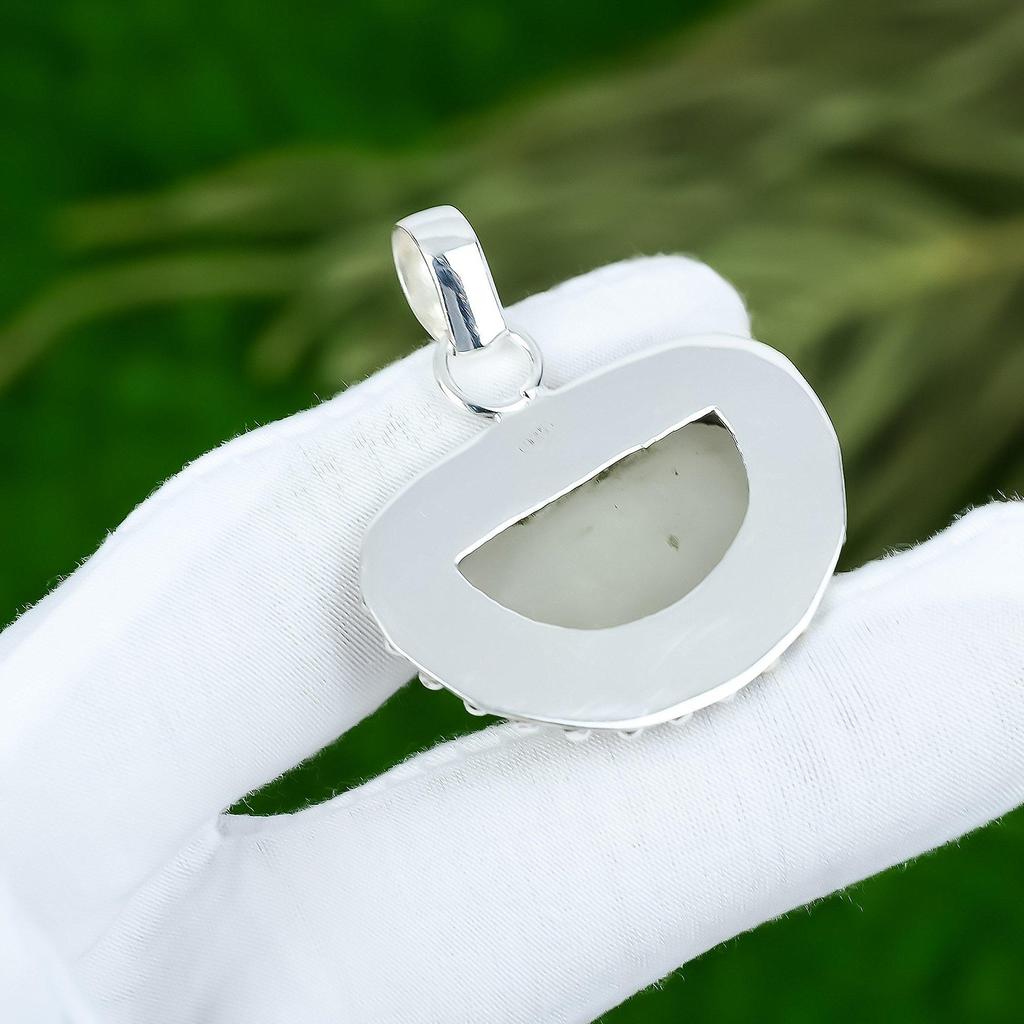 925 Silver Crescent Natural Moonstone Bezel Mother Birthday Handcrafted Pendant