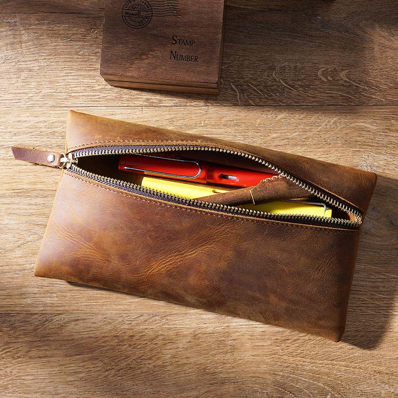 Fromthenon Crazy Horse Leather Retro Zipper Pen Case Portable Storage Bag Large Capacity Pencil Case Customizable Business Gifts