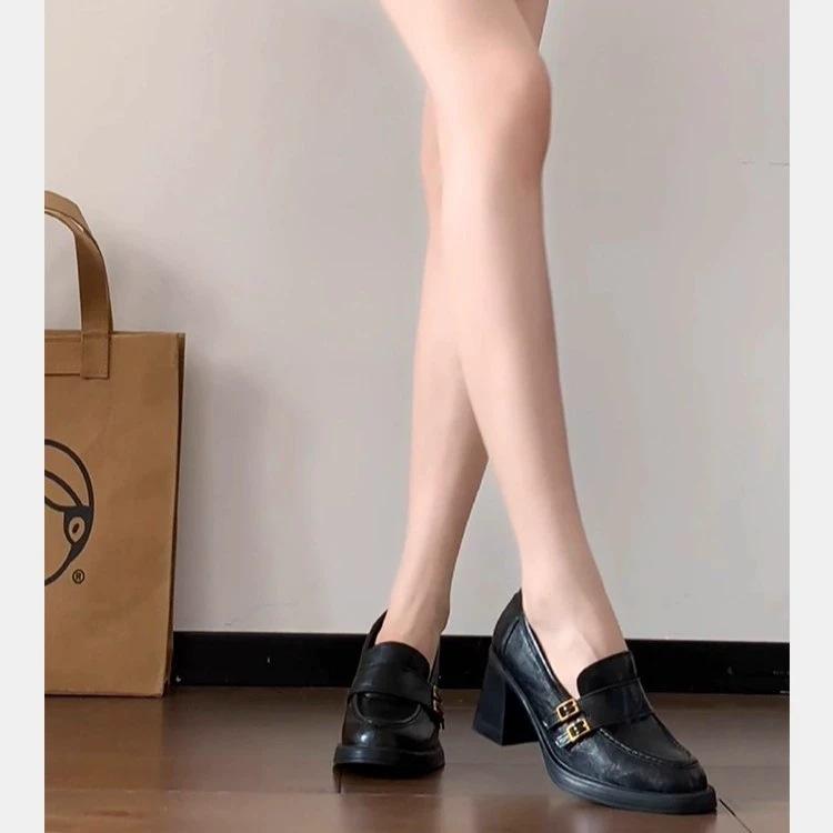 Spot~ Retro Leather Thick Heel Heightened Loafers Women's 2025 New British Style Small Commuter Small Leather Shoes