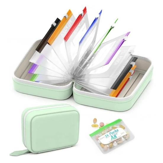 Pill Organizer with 14PCS Clear Zipper Bags Inside Medicine Case Waterproof Portable Travel Storage Holder for Daily Supplements