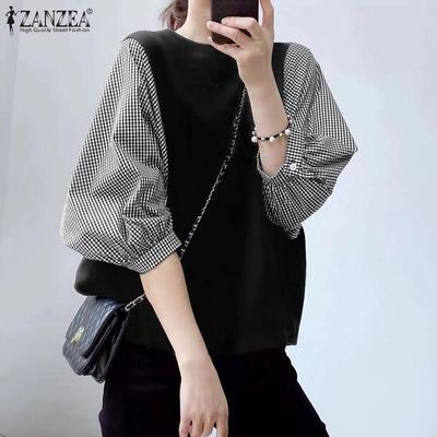 Kadın Moda Ekose Baskı Patchwork 3/4 Kollu Bluz Tişört Tops