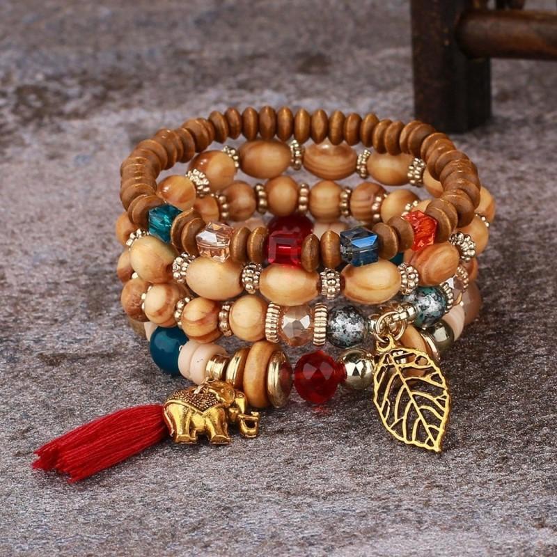 Wooden Tassel Bracelet For Men and Women 4PCS Retro Alloy Elephant Leaf Crystal Bracelet