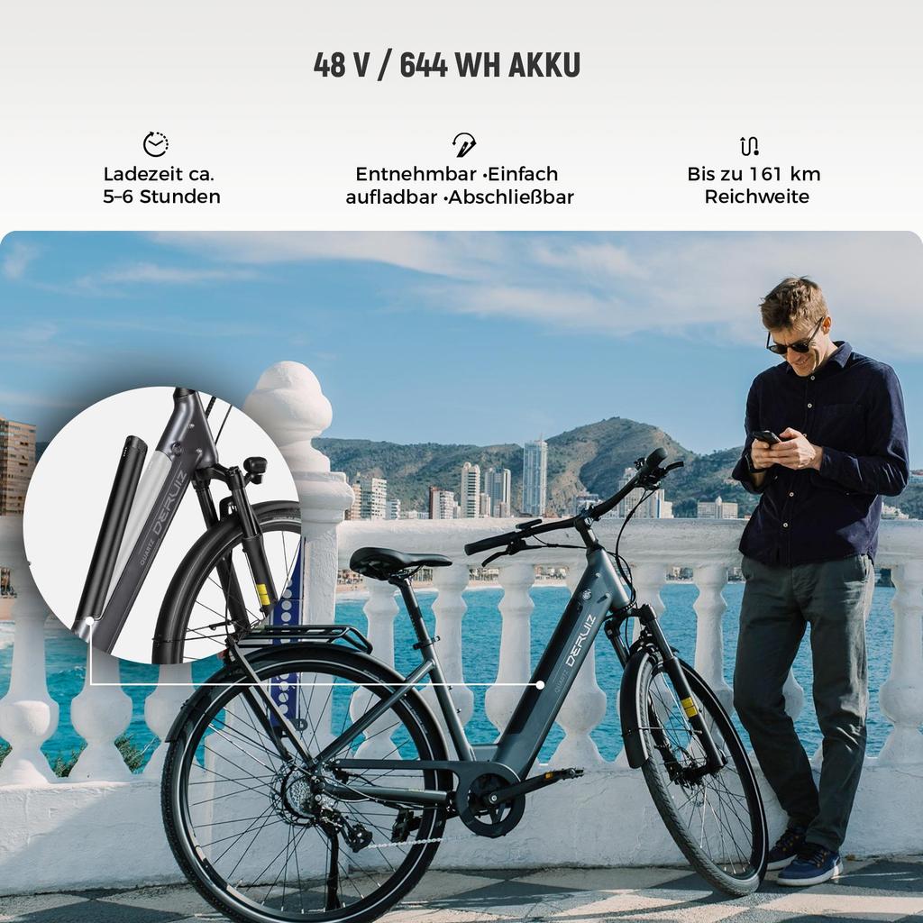 Elektrofahrrad DERUIZ Quartz 28'' 250W Motor City E-Bike - 48V 13,4Ah Akku Bis zu 161 km Reichweite, Hydraulische Bremsen, Drehmomentsensor, 8 Gänge, Zuladung 130 kg