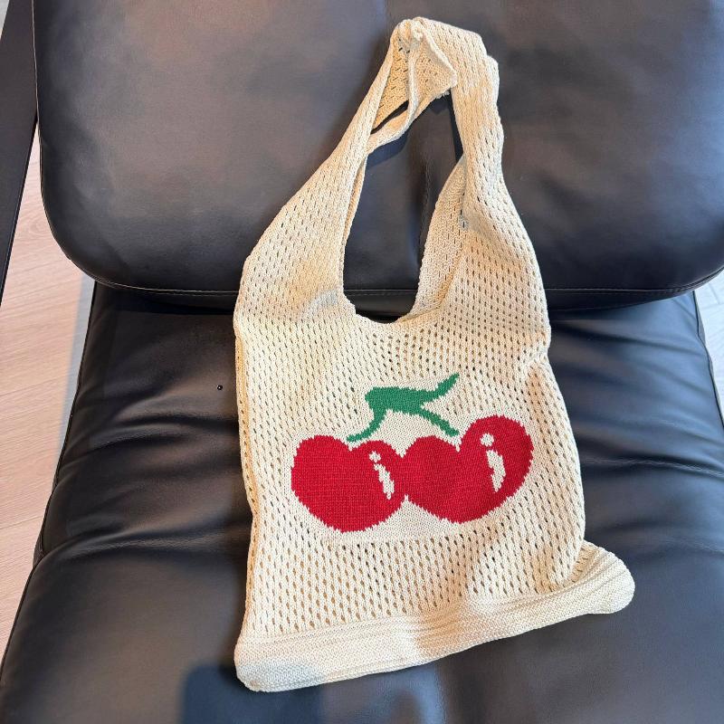 Summer Hollow Out Shoulder Bag Cherry Desing Knit Bag Hand Woven Fashionable Beach Simple Shopper Totes