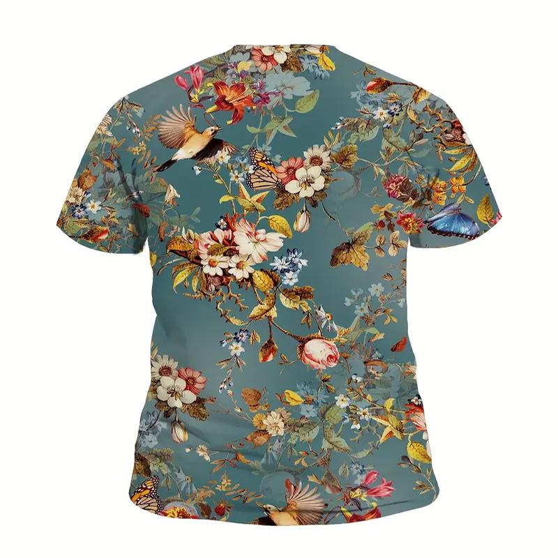 Men's Plus Size Flower and Bird Print T-shirt Casual Summer Streetwear Round Neck Summer Short Sleeved Suitable for Outdoor Wear