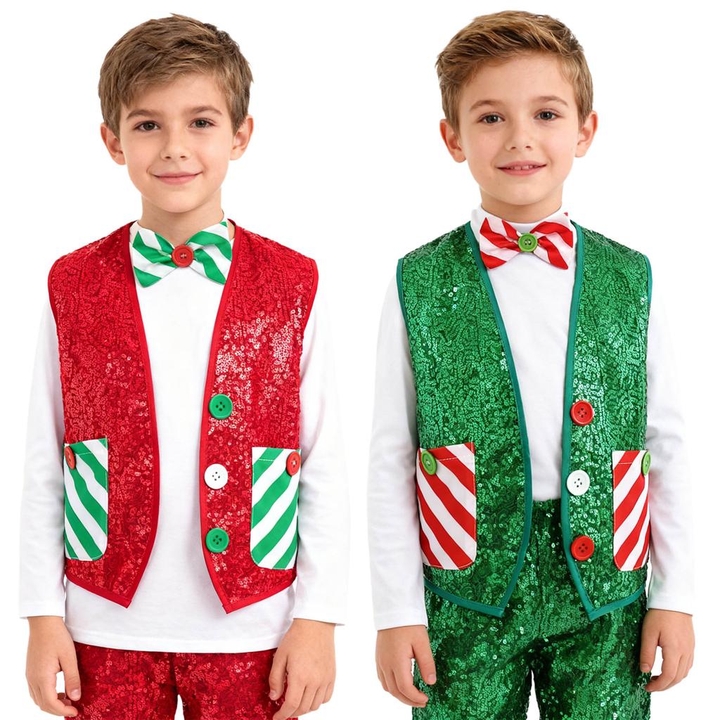 Boys Sparkly Sequins Christmas Santa Elf Sleeveless Vest Waistcoat Jacket