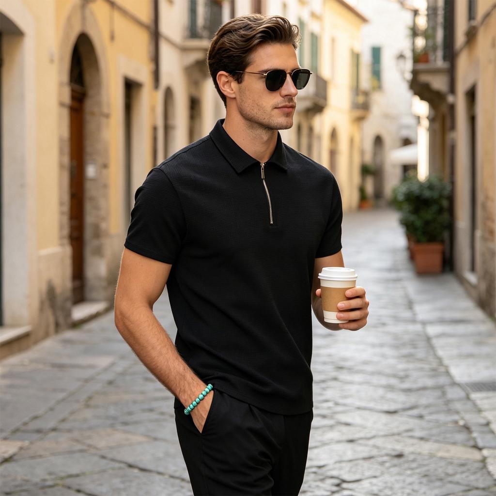 Men's Waffle Knit Short Sleeve Polo Shirt with Zip Collar Breathable Lightweight Casual Top for Summer