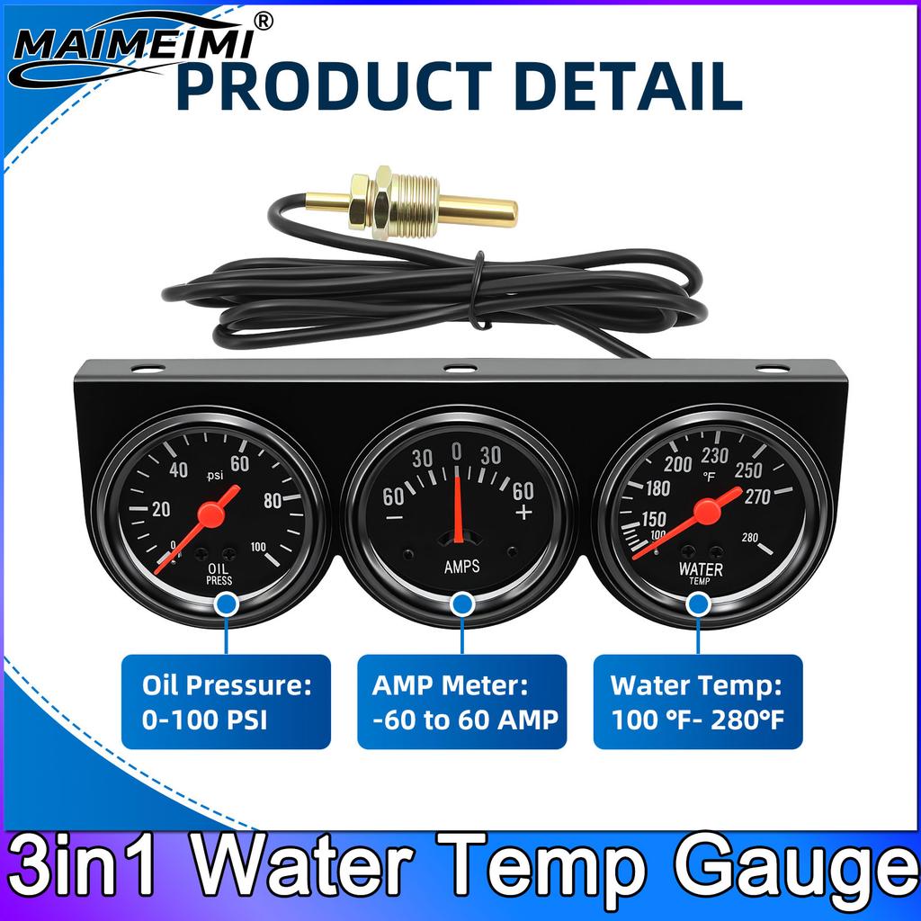 Dreifach-Anzeigen-Set 2 Zoll 52 mm Wassertemperaturanzeige 280 ℉ 3-in-1 Stromstärkemesser Öldruckmesser 100 psi Universell für 12V Autos