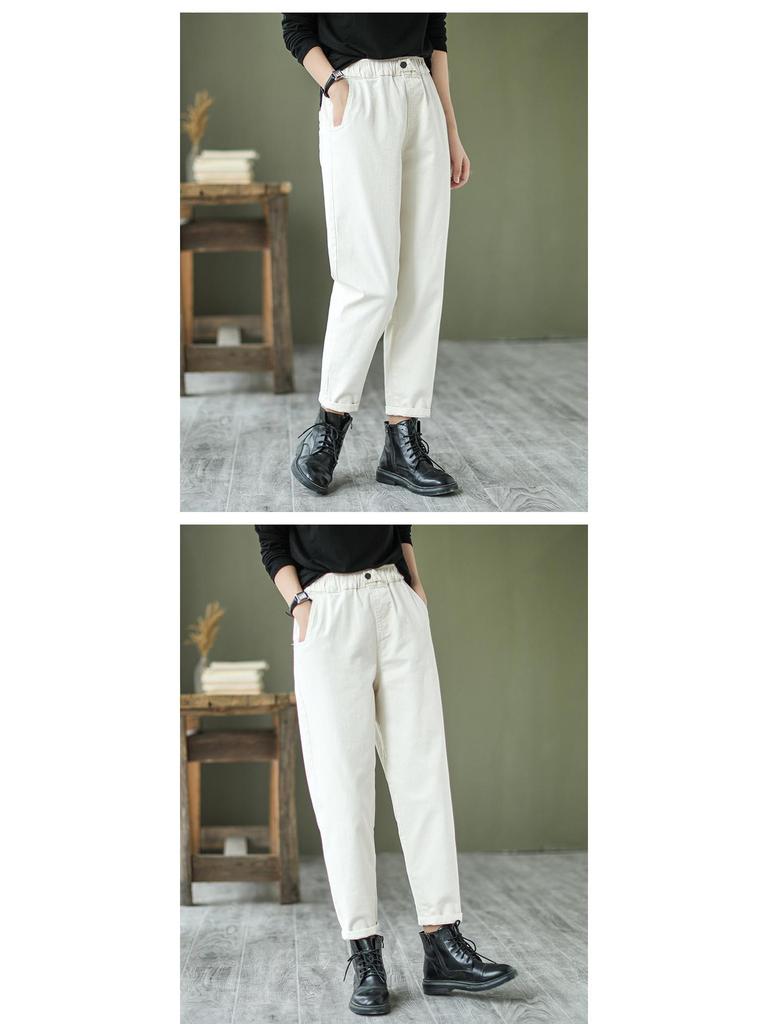 2024 Women's Spring & Autumn Retro Harem Pants, Elastic Waist, Loose Fit, Plus Size, Pure Cotton Carrot Pants