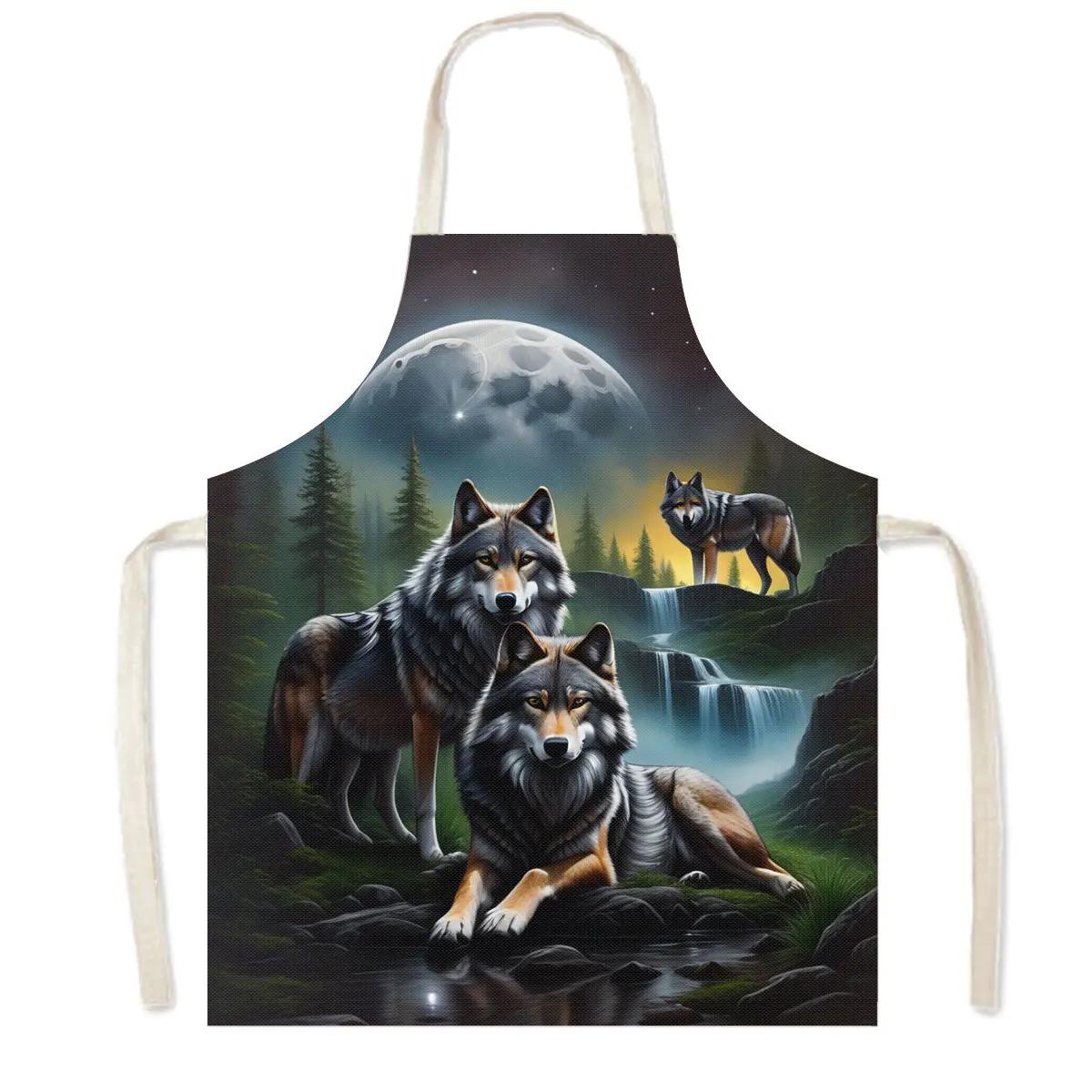 Howling Wolf Under The Moonlight Print Kitchen Aprons Women Men Baking Home Cleaning Clothes Pinafore Chef Waiter Cooking Apron 38X47cm