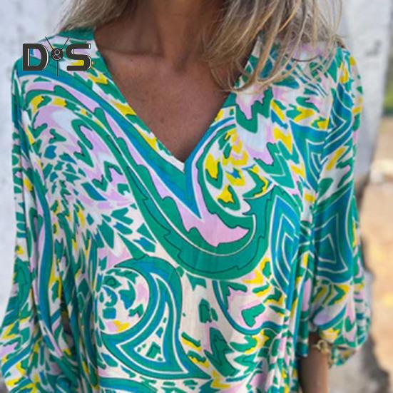 Bedrucktes Maxikleid für Damen, Frühling/Sommer, V-Ausschnitt, Boho-Urlaubskleid, lange Ärmel, lockeres Kleid mit Taschen für den Alltag, Partys, Strand