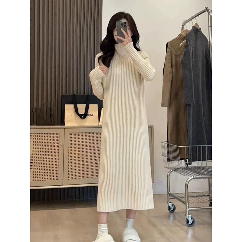 Versatile Semi-turtleneck Knitted Dress Women's Autumn and Winter New Basic Loose and Thin Medium and Long Sweater Skirt