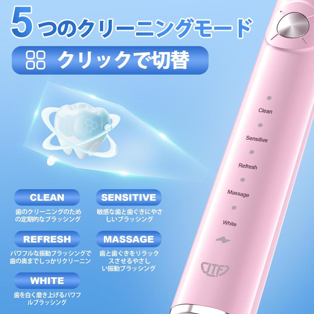 JTF Electric Sonic Toothbrush with 6 Replacement Travel 5 Cavity USB Charging IPX7 P200 Electric Toothbrush, Heads, Case, Portable, Modes, Prevention,