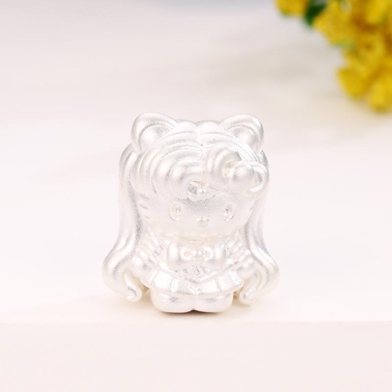 Sterling Silver 999 Hello Kitty Beaded Bracelet - DIY Cartoon Cat Jewelry with Woven Rope серебряный