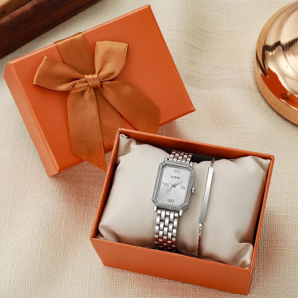 Fashion Set with Diamond Small Square Plate Women's Quartz Watch Bracelet Set of 2 for Holiday Anniversary Gifts
