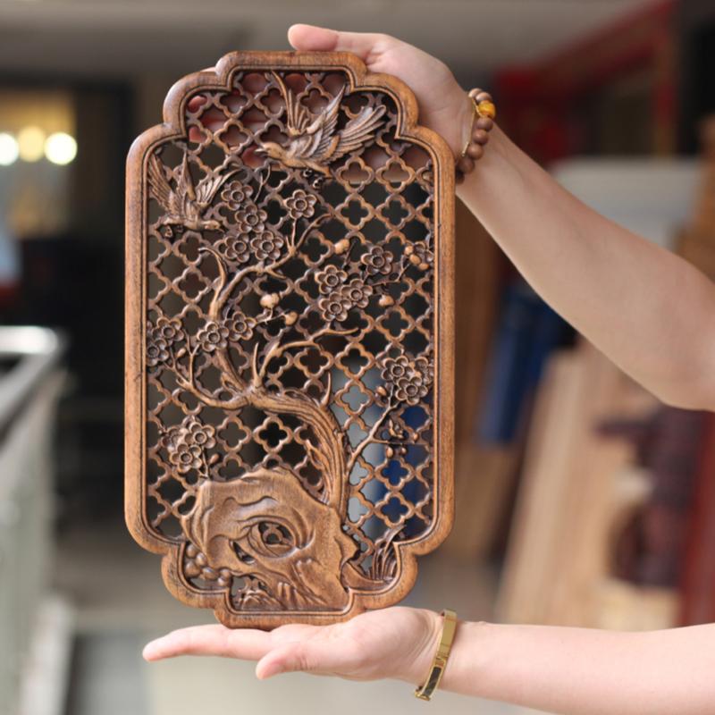 Chinese Classical Hollow Wood Carving Crafts Camphor Wood Carving Plum Blossoms Orchid  Background Wall Hanging Decor Ornaments