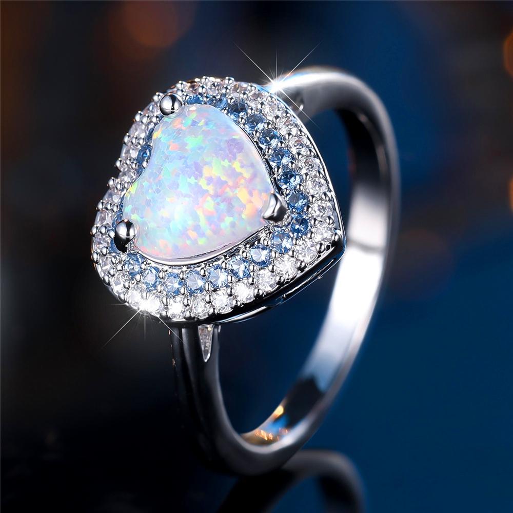 

Trendy White Opal Crystal Love Heart Stone Vintage Silver Color Wedding Bands Engagement Rings For Wome Jewelry 11