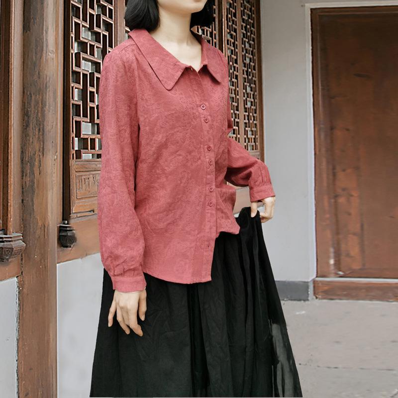 Johnature Damen Herbstmode Chinesischer Stil Langarmhemd Lässig Einfarbig Peter Pan Kragen Hemd