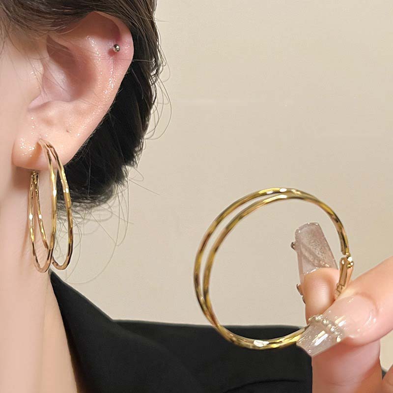 

2025 New Trendy copper Color Double Layer Circle Hoop Earrings For Women Exaggerated Metal Layer Round Earrings Zircon Gift