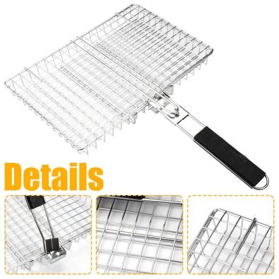 Grill Basket Foldable BBQ Grilling Removable Handle Basket with Stainless Steel Outdoor Cooking Camping Accessories