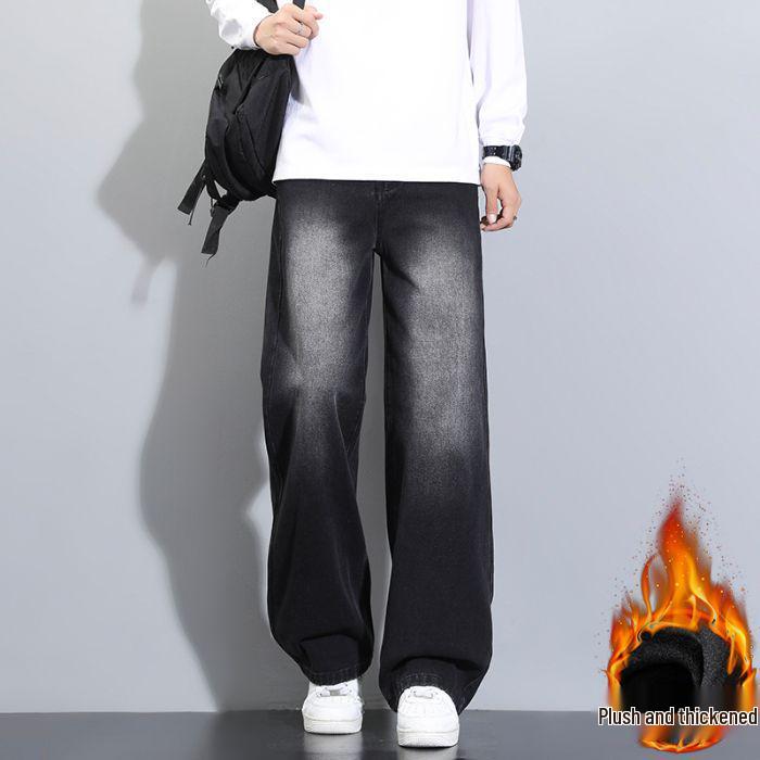 Herren Fleecegefütterte Weitbeinjeans - Unifarben, Lockere Passform, Herbst/Winter Trendiger High Street Stil