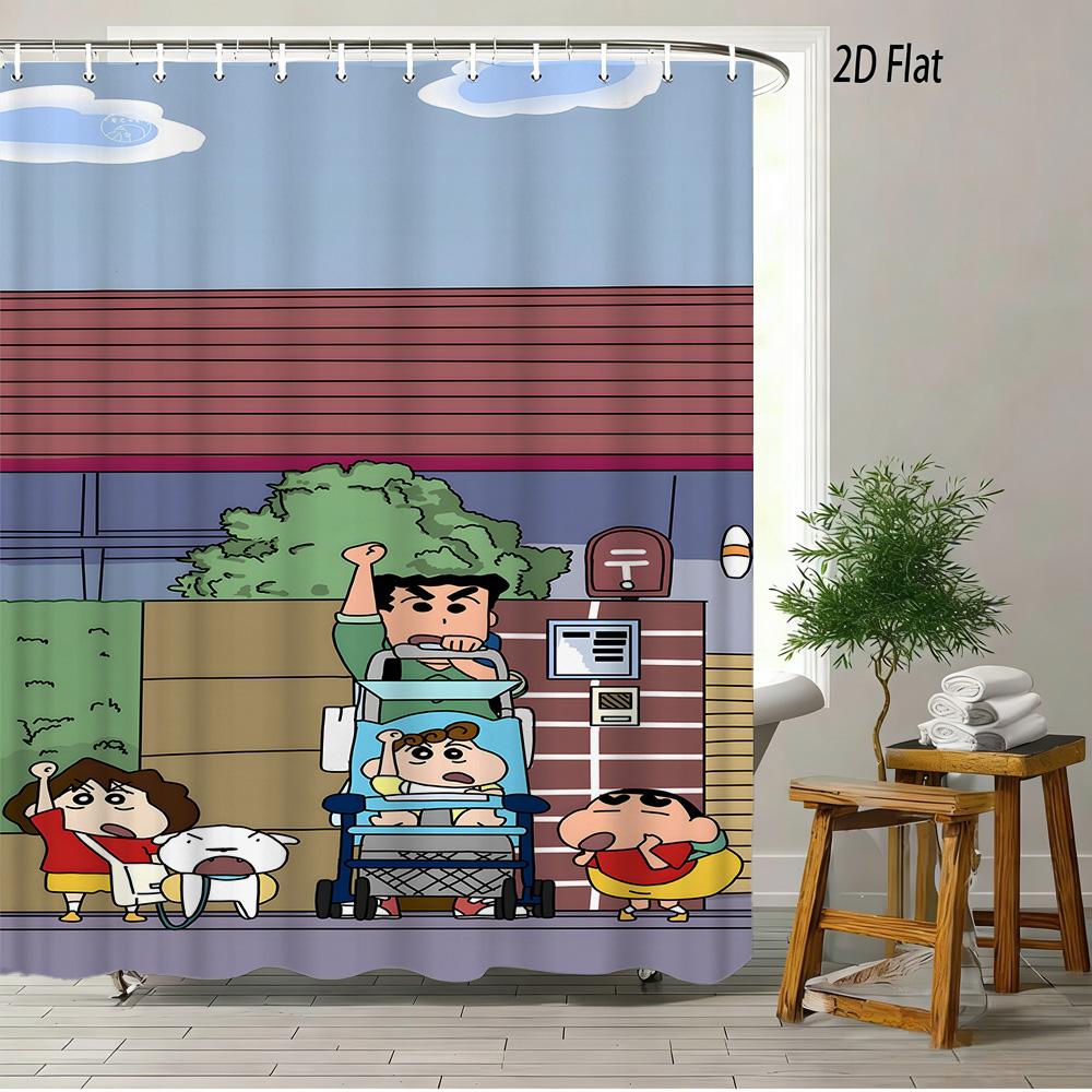 Crayon Shin-Chan Flame Ninja Z Themed 2D Print Waterproof Shower Curtain, Flying Shin-Chan With Family & Shiro Colorful Cityscap