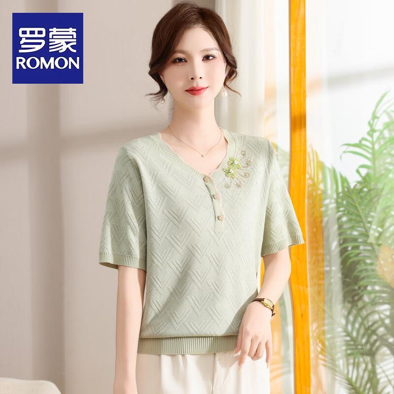 ROMON Women s V-Neck Ice Silk Knit Short Sleeve Top 5XL