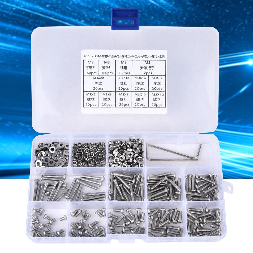 662pcs Hardware Fastener Set SUS304 M3 Countersunk Hexagon Socket Screw Nut Flat Washer Spring Washer Wrench Classification Kit 662pcs Hardware Fastener Set SUS304 M3 Countersunk Hexagon Socket Screw Nut Flat Washer Spring Washer Wrench Classification Kit