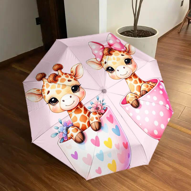 1pc Cute Giraffes in Heart Mugs Umbrella with Plastic Handle,Suitable for All Seasons Home Travel Outdoor UmbrellaDD485