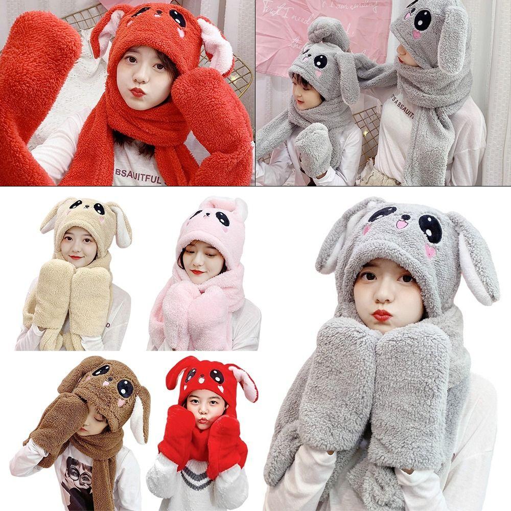 

Три в одном осенне-зимние перчатки, комплект, женская шапка с кроликом, шапка с пандой, теплые перчатки, шарф