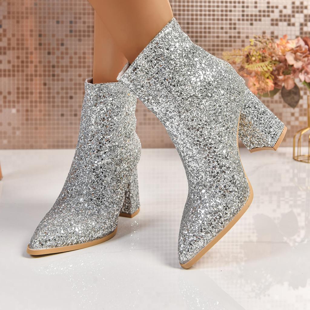 Fashion Women Boots 2025 New Fashion Sequins Round Toe Ankle Boots Women Autumn Winter Party Chunky Heels Shoes for Women Botas De Mujer