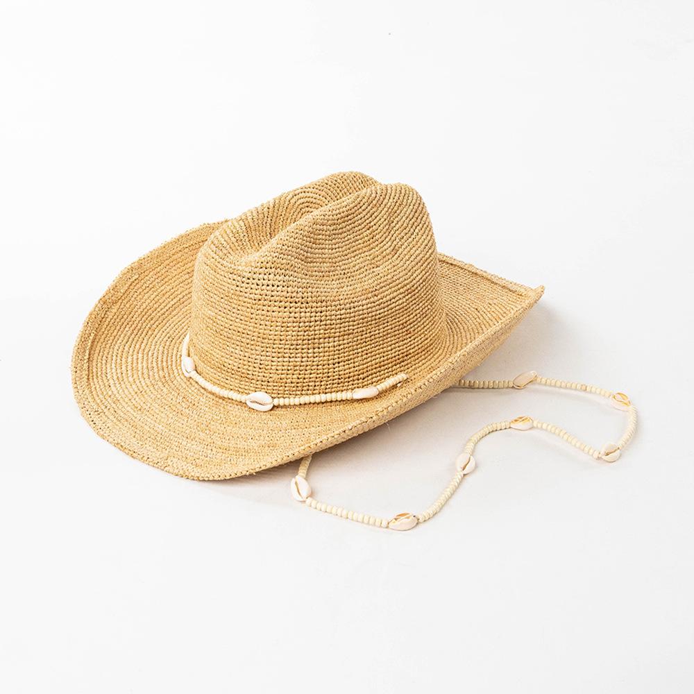 

USPOP Women Crochet Raffia Cowboy Hat with Shell Bead Chin Cord Wide Brim Sun Hat 4 Sizes Available XL 61cm