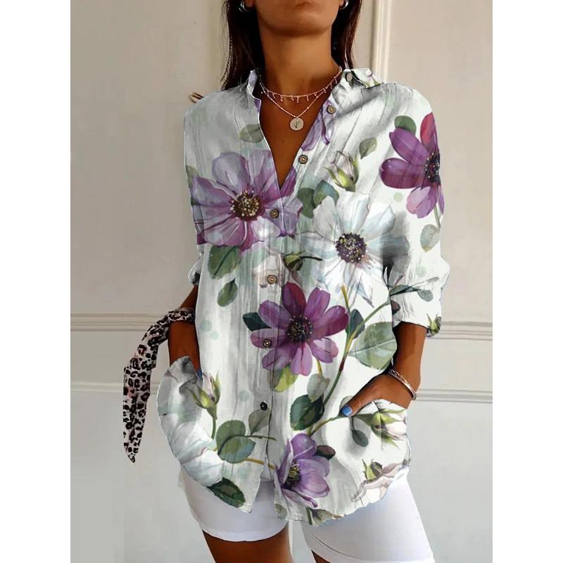 Women Casual Print Shirt Summer Elegant Long Sleeve Button Tops Shirts Womens Clothing