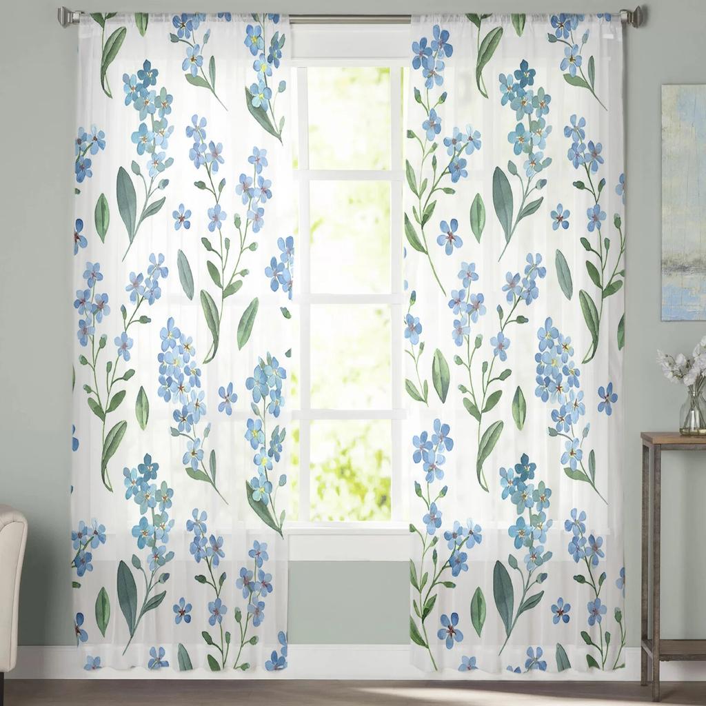 Spring Watercolor Blue Flower Farm Rural Bedroom Transparent Sheer Curtains Holiday Decoration Window Voile Tulle Curtain