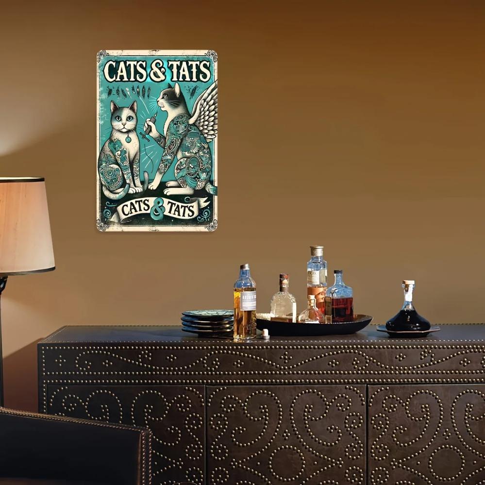 Vintage "Cats & Tattoos" Metal Sign – Whimsical Waterproof Wall Art with Feline & Tattoo Designs | Perfect Room Decor for Edgy