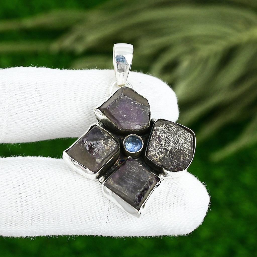 Easter Deal Amethyst Rough Gemstone Blue Topaz Sterling Silver Pendant Jewelry