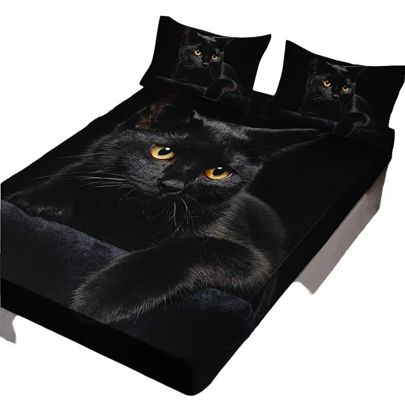 

3pcs Black Cat Fitted Sheet Set 3D Printed Mattress Covers Soft Breathable With 2 Pillowcases for Kids Adults Bedroom Twin99x190cm