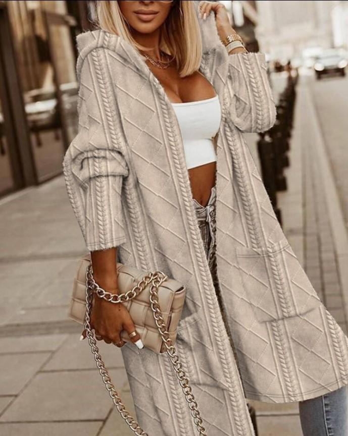 Dames Strandet Mønstret Hette Midilengde Trenchcoat Jakke Cardigan