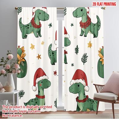 2pcs 2D Plane Printing Popular Curtains Cute Christmas Dinosaurs Reindeer_a Versatile Polyester Fabric (without Rod) Outdoor
